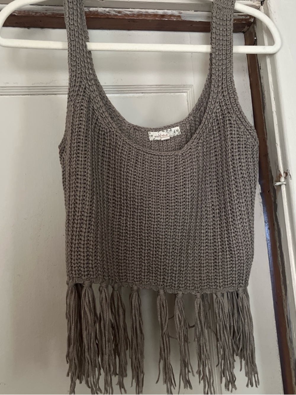 Wishlist Crochet Fringe Tank in Taupe Brown